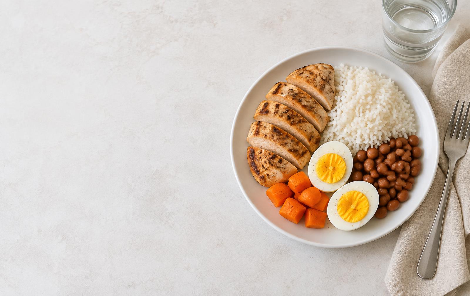 Chicken, rice, beans, and eggs